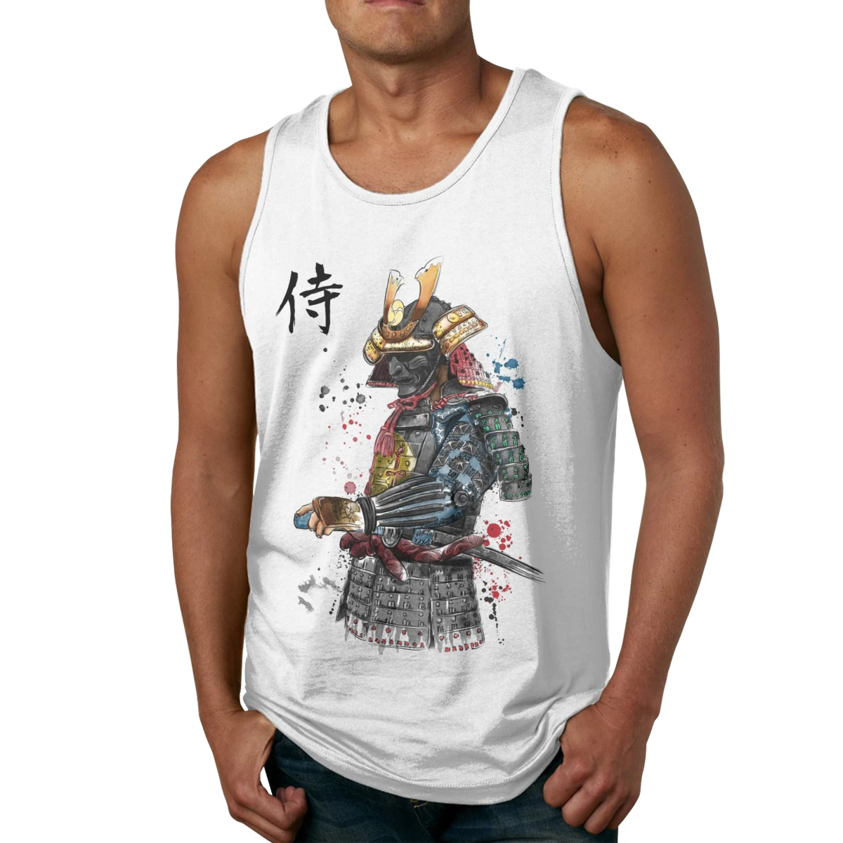 

Samurai Watercolor Retro Japan Swordman Tank Top Picture Custom Crewneck Great 100% Cotton Vest