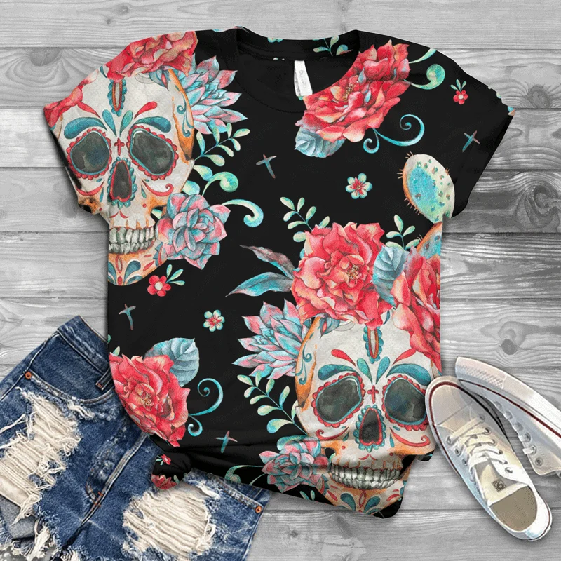 

Summer Skull Fashion Trend 2021 Women's T-shirt Harajuku Material Soft and Comfortable Skull Variety Rose Street