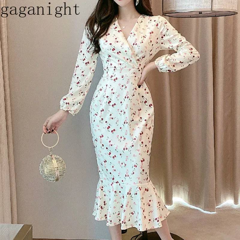 Gaganight цветочное модное женское элегантное винтажное платье с длинным рукавом V