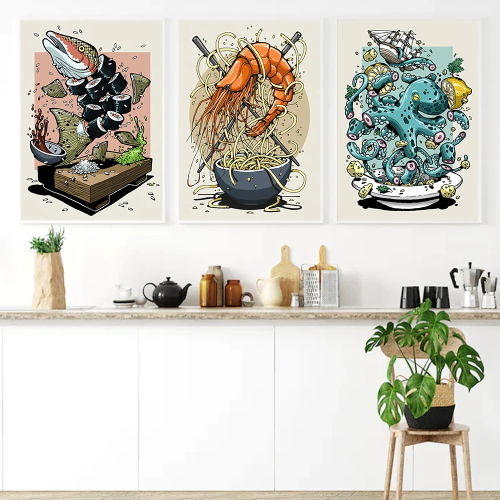 

Japanese Kitchen Food Wall Art Prints Funny Ramen Noodles Poster Canvas Sushi Painting Pictures For Living Room Home Decoration