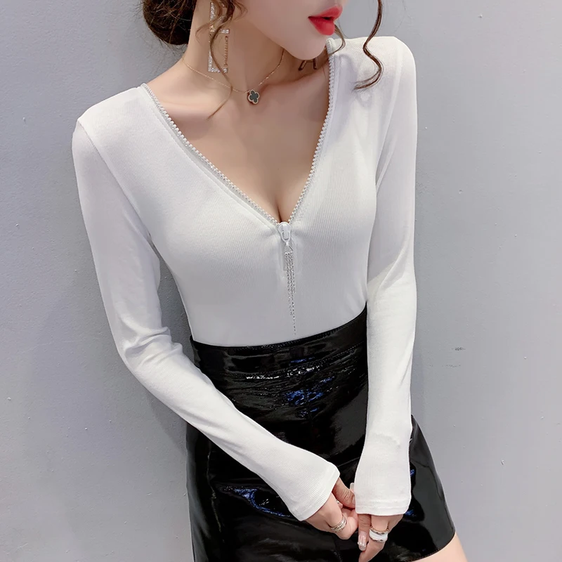 New Casual Solid Color 2021 Spring Long Sleeve Women's Tshirts Fashion V-neck Ziper Woman T-shirts Plus Size Blusas | Женская одежда