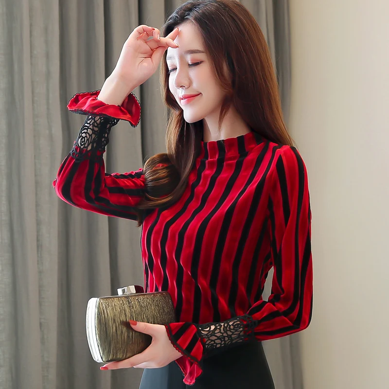 Осенние женские блузки корейская мода женская полосатая рубашка большие размеры