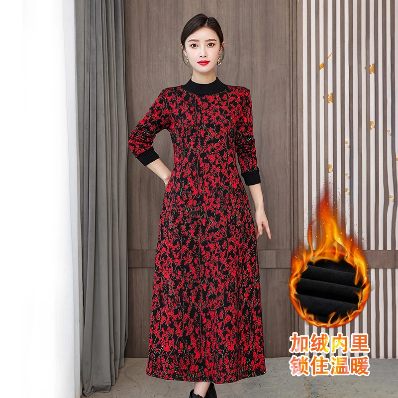 

COIGARSAM Women Dress Autumn 2021 New Office Lady National Wind Print Long Sleeve Loose O-Neck Add Wool Upset Dresses