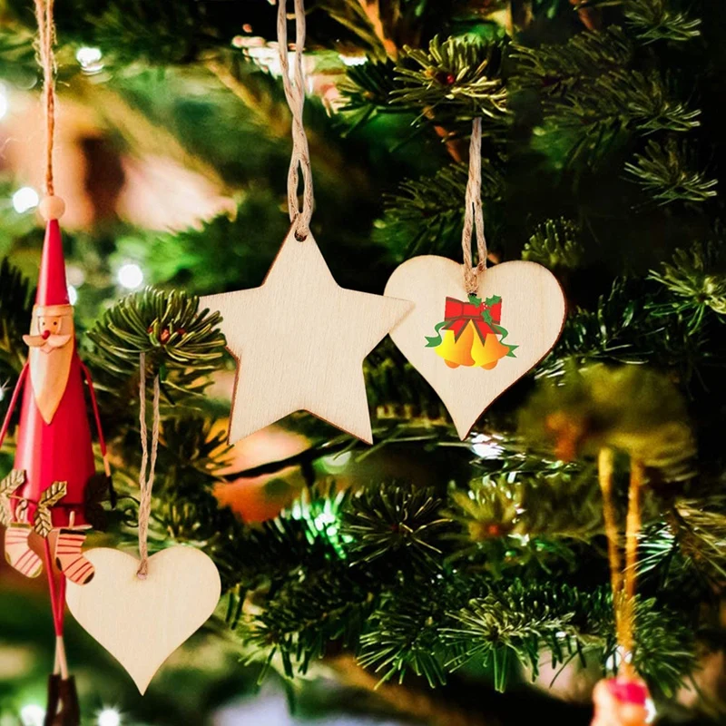 Promotion! 100Pcs 2 Inch Wooden Hearts &amp Stars Shape Slices Blank Tags with Hole Unfinished Wood Cutout Labels DIY Art Craft | Дом и сад