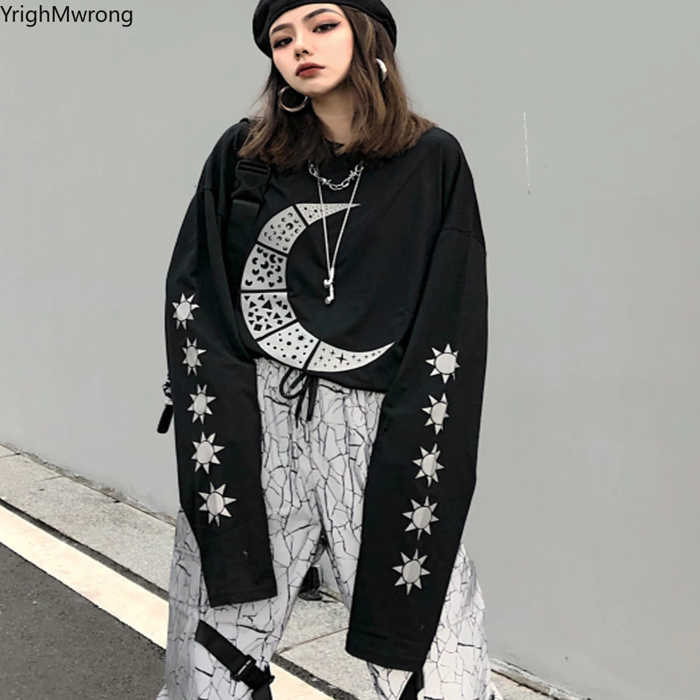 Moon Graphic хип хоп Готическая свободная футболка с принтом в стиле панк пуловер для