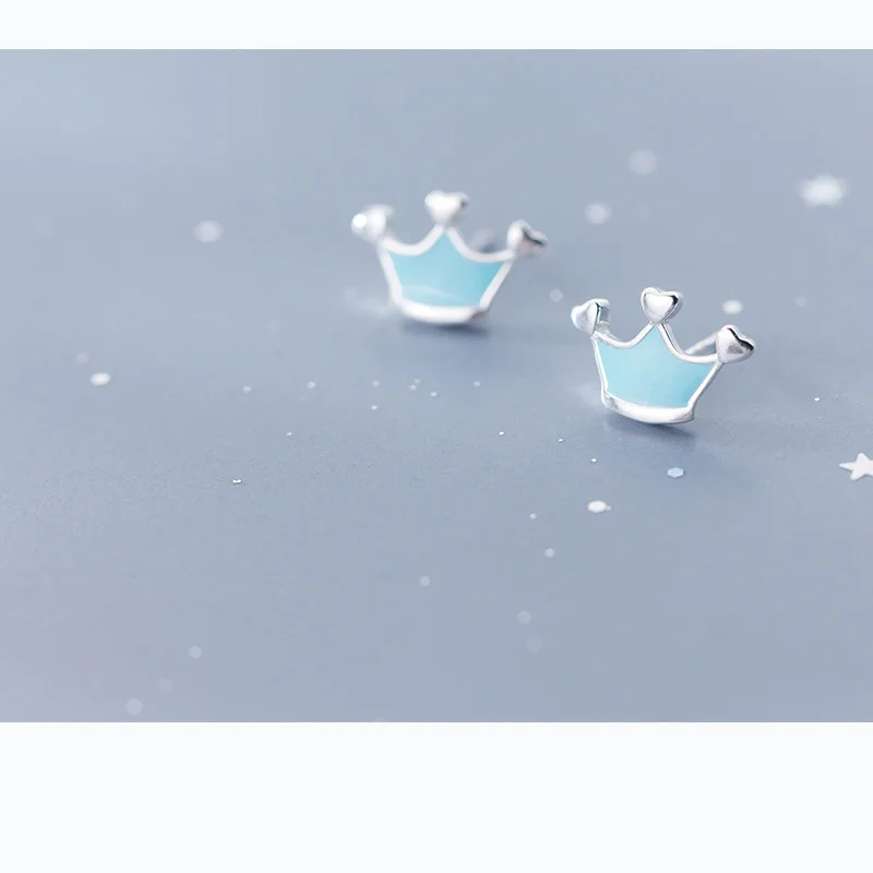 Серьги гвоздики женские из серебра 100% пробы с синей короной|Серьги-гвоздики| |