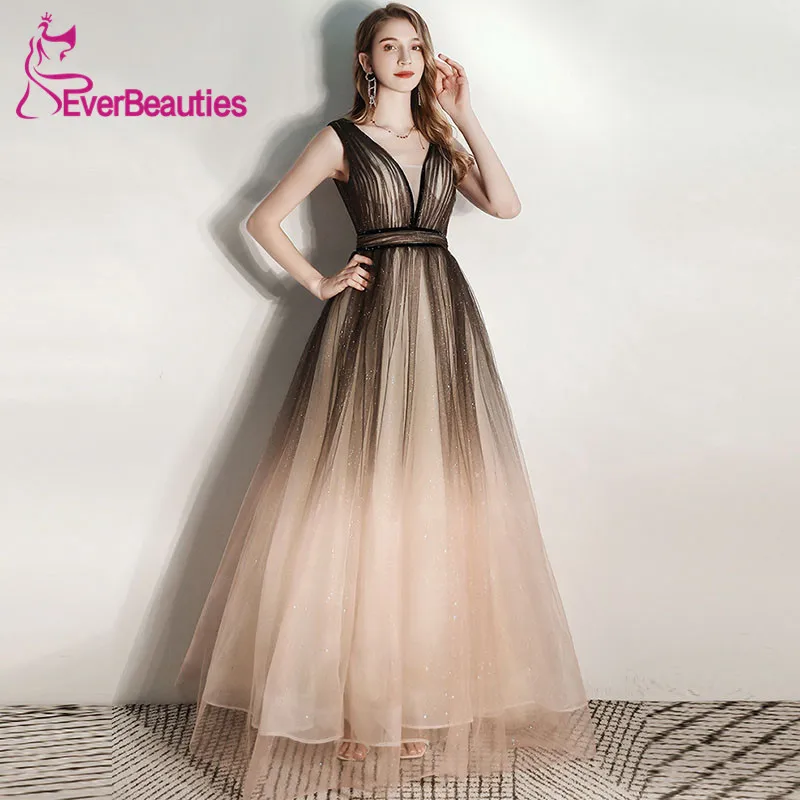 Женское вечернее платье с блестками длинное Тюлевое V образным вырезом без