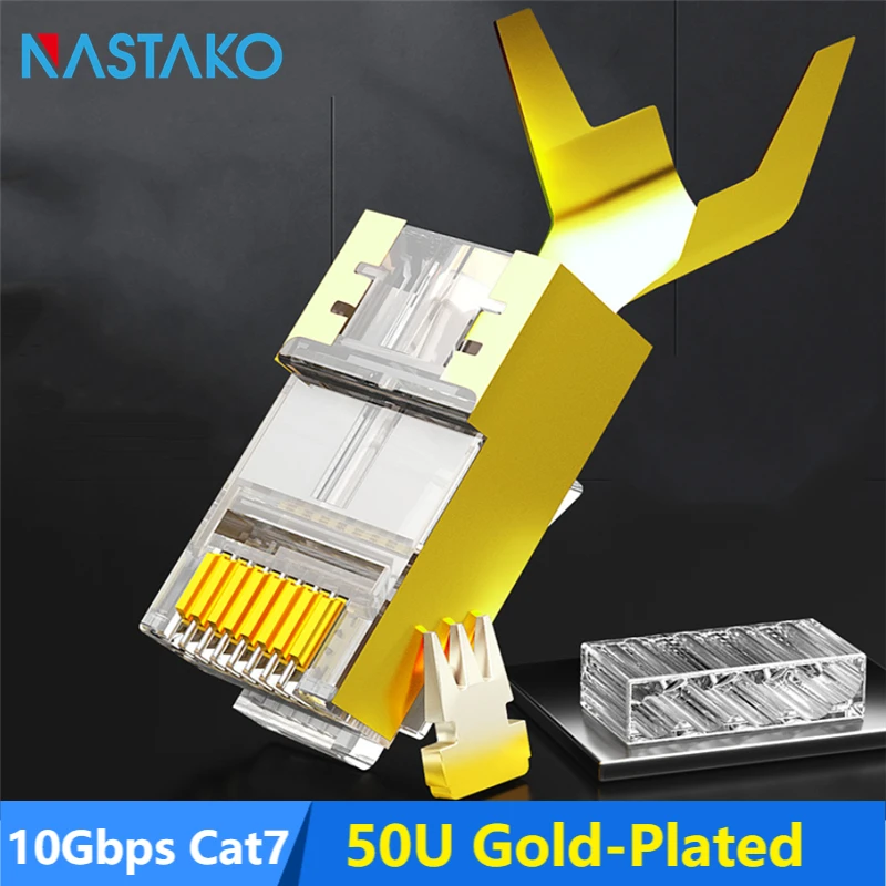 

Двухкомпонентные разъемы NASTAKO RJ45 Cat7 Cat6A, 8P8C 50U, экранированный позолоченный FTP/STP разъем RJ45, соединитель сетевого кабеля 1,5 мм