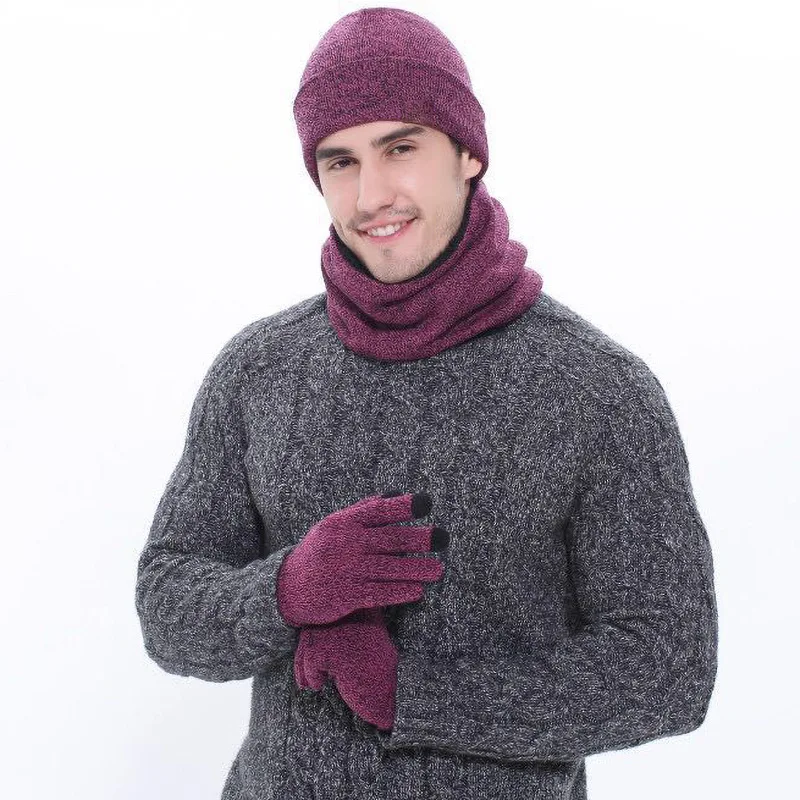 Мужская зимняя новая утолщенная теплая вязаная шапка, шарф, перчатка, набор из трех предметов однотонная и бархатная уличная спортивная шап...