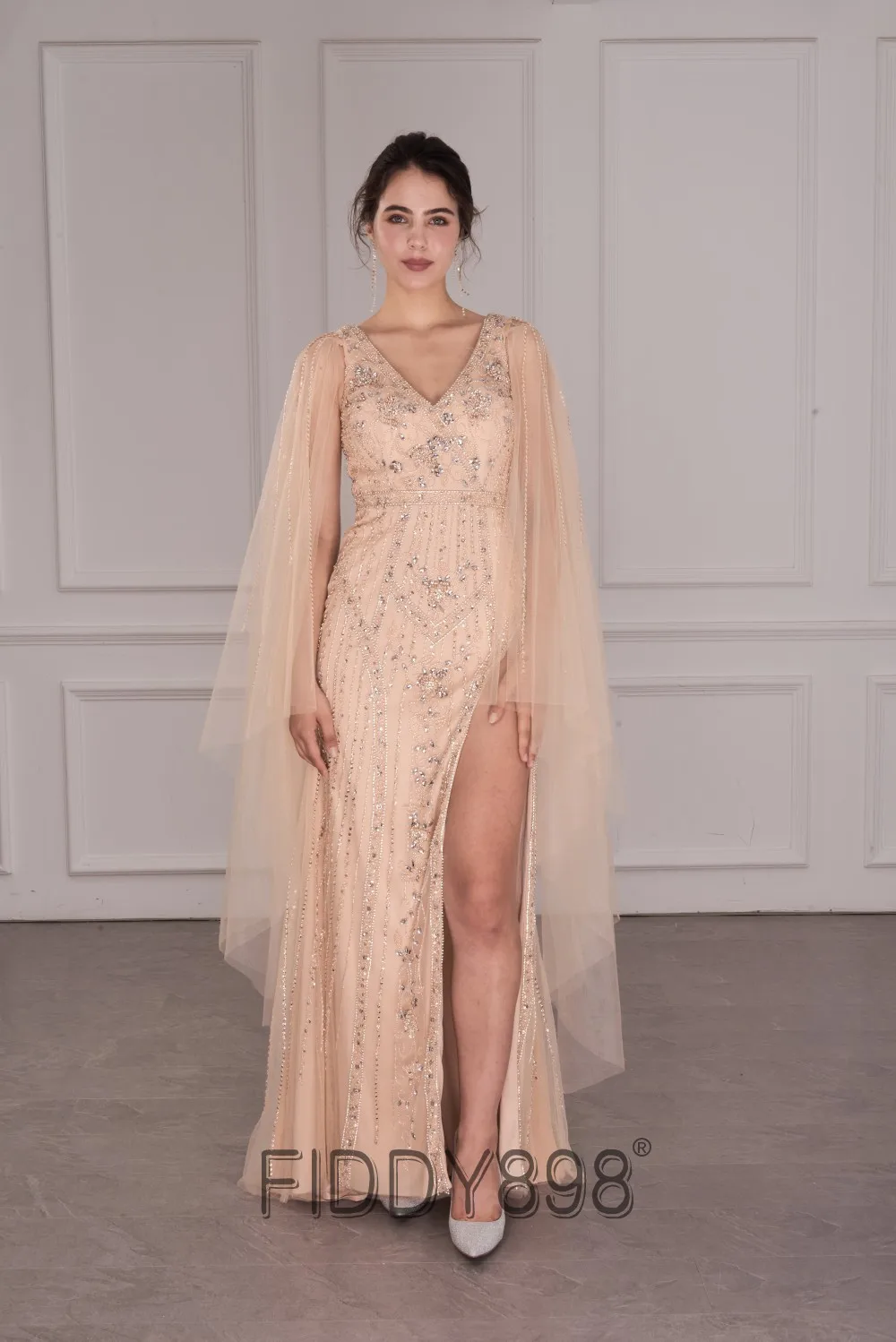 Crystal Diamond Dress Split Side Sequins Beaded Prom Gown 2020 For Girls Cap Sleeves Long Champagne Gown Party Vistidos De Gala