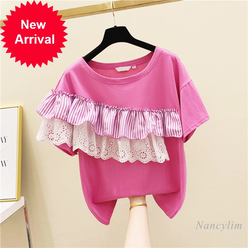 

Women Summer Top Lace Striped Patchwork Ruffled Cotton Short Sleeve T-shirt 2021 Summer Female Clothes Camisetas De Mujer