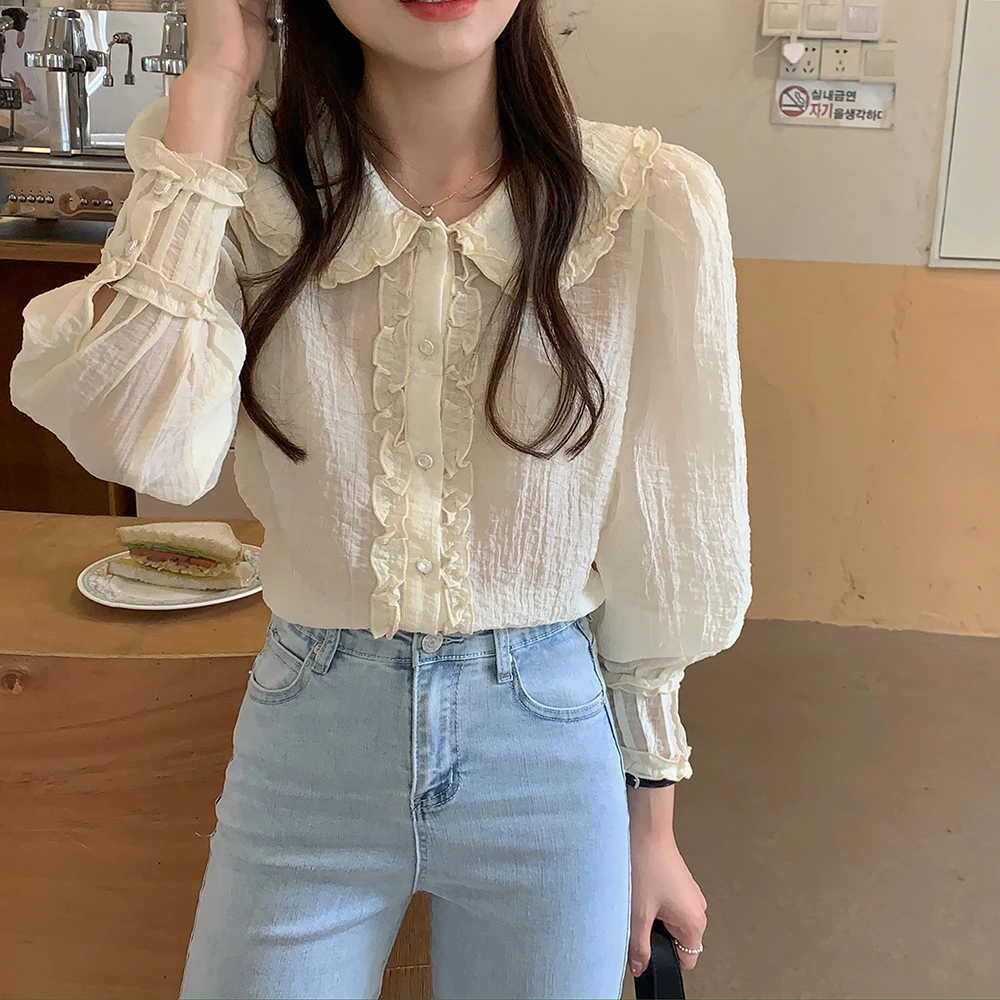 

Comelsexy 2021 Apricot Sunscreen Cute Loose Tops Vintage Women Elegance Sweet Ruffles Hot Girls Shirts Femme Casual Clothe