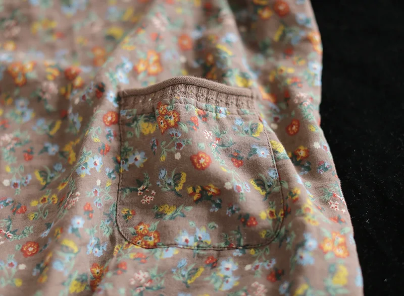 Винтажная футболка из хлопка и льна с цветочным принтом повседневная женская