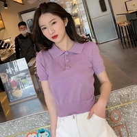 womens knitted sweater purple slim casual korean crop sweater short sleeve polo student sweaters pull femme 2021 summer tops