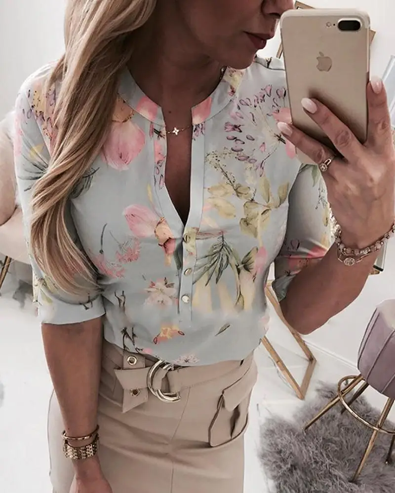 Женская блузка на пуговицах с цветочным принтом Повседневная офисная v-образным