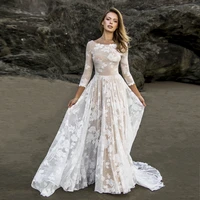 high neck champagneivory lace a line 34 sleeves beach wedding dress elegant bohemian lace open back bridal gowns