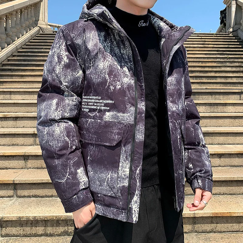 Winter men's camouflage side seam pocket cotton jacket new Korean version of the trend of casual loose thick hooded jacket