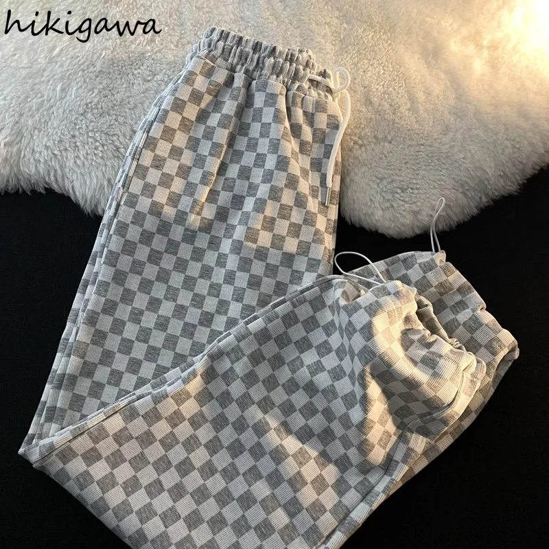 

Hikigawa корейские модные шаровары 2021 новые штаны спортивные брюки с высокой талией облегающие прямые брюки шикарные клетчатые повседневные б...