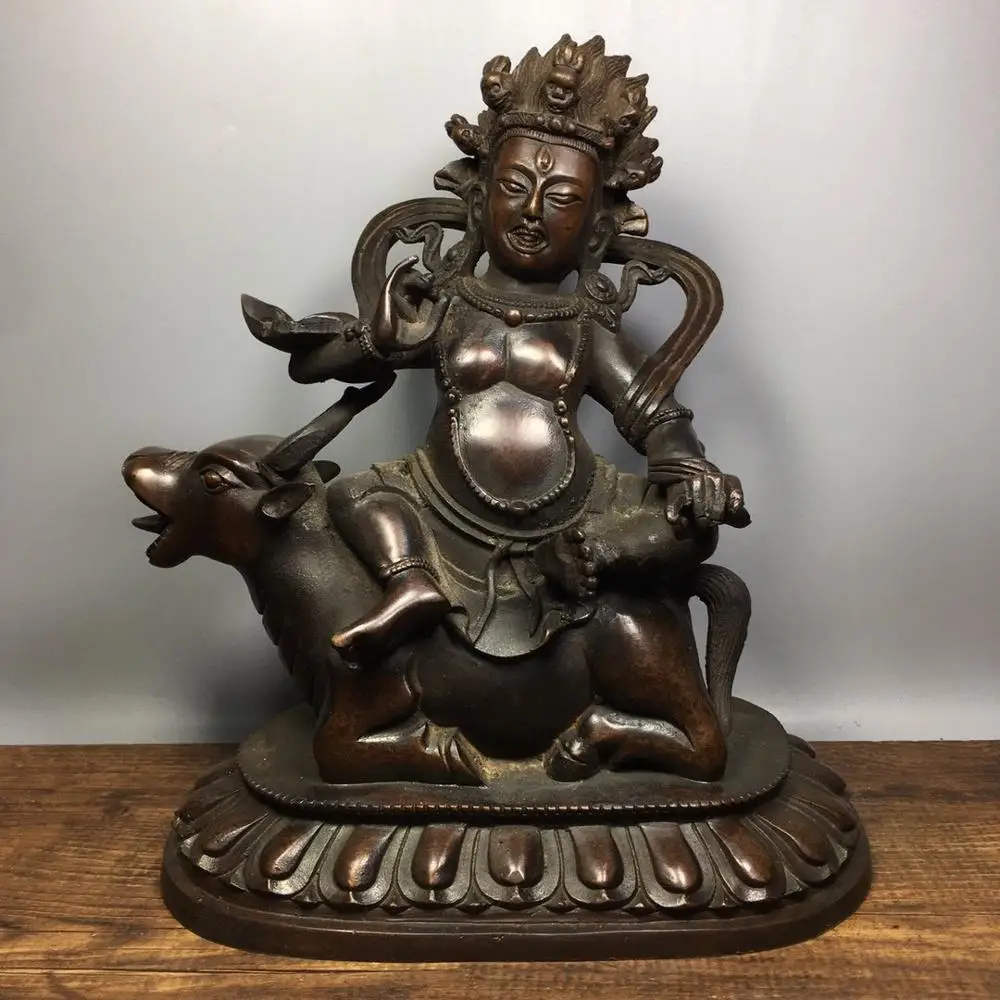 

Home Decor 8" Tibet Buddhism Temple Old Bronze Cinnabars Riding Bull Yellow God of Wealth Buddha Statue Tibetan Laseppo statue