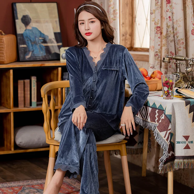 Пижамный комплект Женский фланелевый теплый пижамный с длинным рукавом домашняя