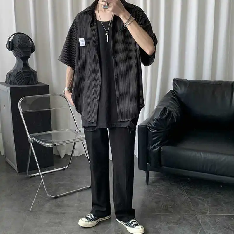 

Summer loose Short Sleeve Striped Shirt Men's Korean fashion casual suit with 5 / 5 sleeve half sleeve shirt