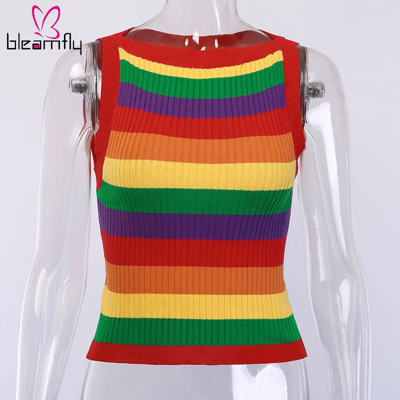 Новинка Зима-осень Женский вязаный свитер в радужную полоску без рукавов с