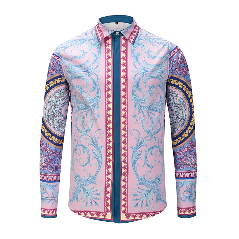 

Brand Autumn shirt men's long sleeve European American slim easy care printed flower shirt trend 2021 NEW