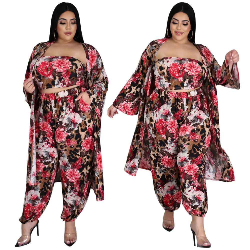 

SHZQ Women Sexy Floral Printing Three Piece Sets Plus Size Strapless Tops Elasic Waist Loose Pants + Mid-calf Cardigan Autumn Ou