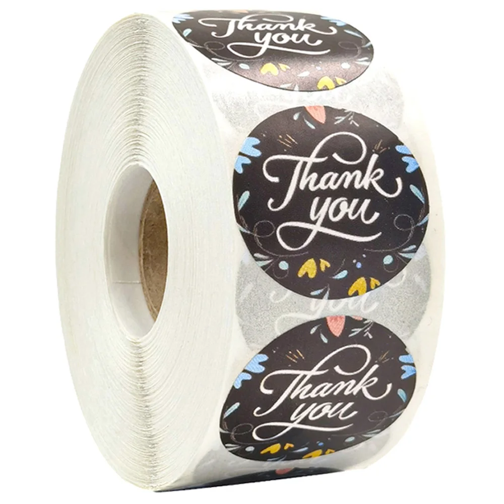 

500 Pcs/Roll Thank You Stickers Seal Labels Black Flower Stickers For Package Adhesive Labels Handmade Gift Decor Stickers