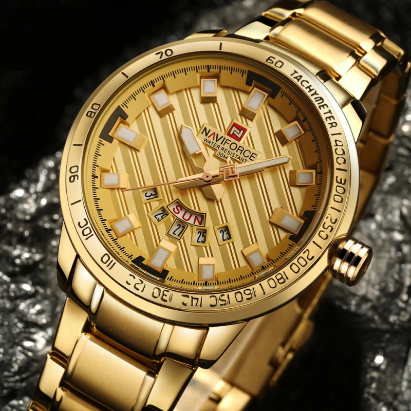 NAVIFORCE Men Gold Watch 3ATM Waterproof Quartz Watches Men's Golden Full Steel Clock Date Luxury Wristwatch Relogio Masculino | Наручные