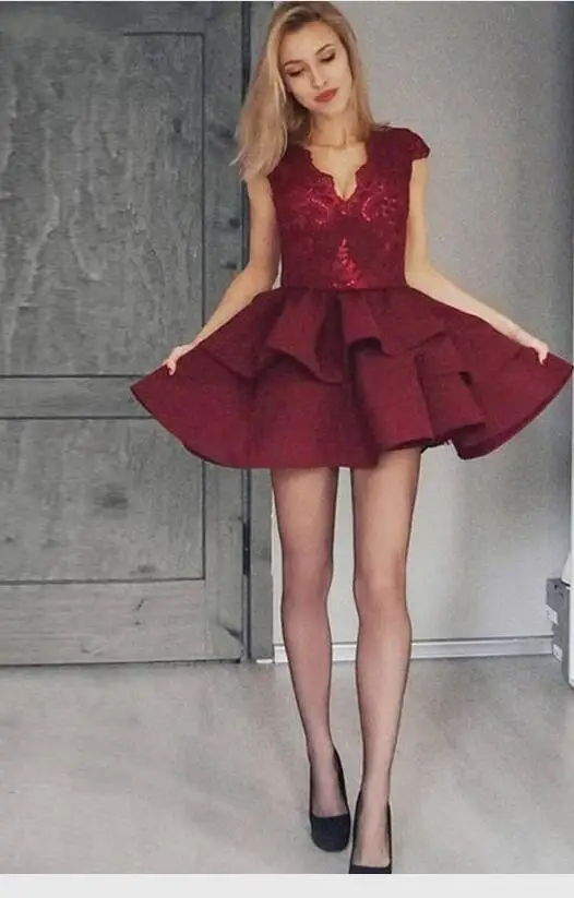 Wine Red Цвета слоновой кости/черный/темно-синий/Красное вино короткие гофрированные платья для выпускного вечера для женщин без рукавов Appliqce вечерние кружевные платья robe de soiree - Цвет: Wine Red