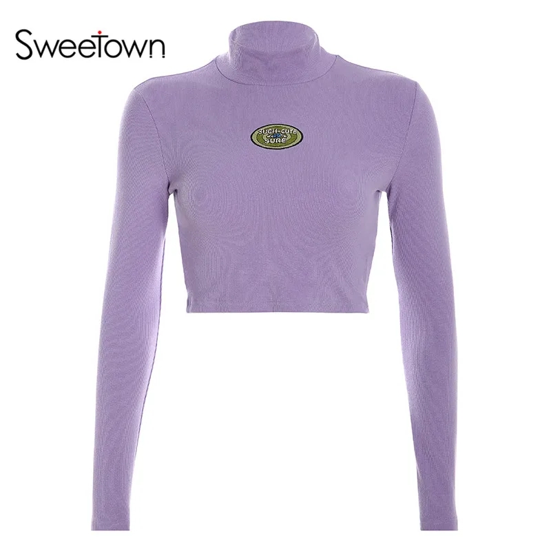 light purple Sweetown фиолетовый базовый укороченный Топ Футболка для женщин вышивка милый Kawaii одежда Водолазка с длинным рукавом тонкий сексуальный укороченная майка - Цвет: light purple