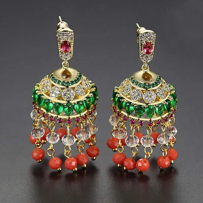 Индийские Jhumka этнические бусины кисточки висячие серьги женские Стразы Золотые