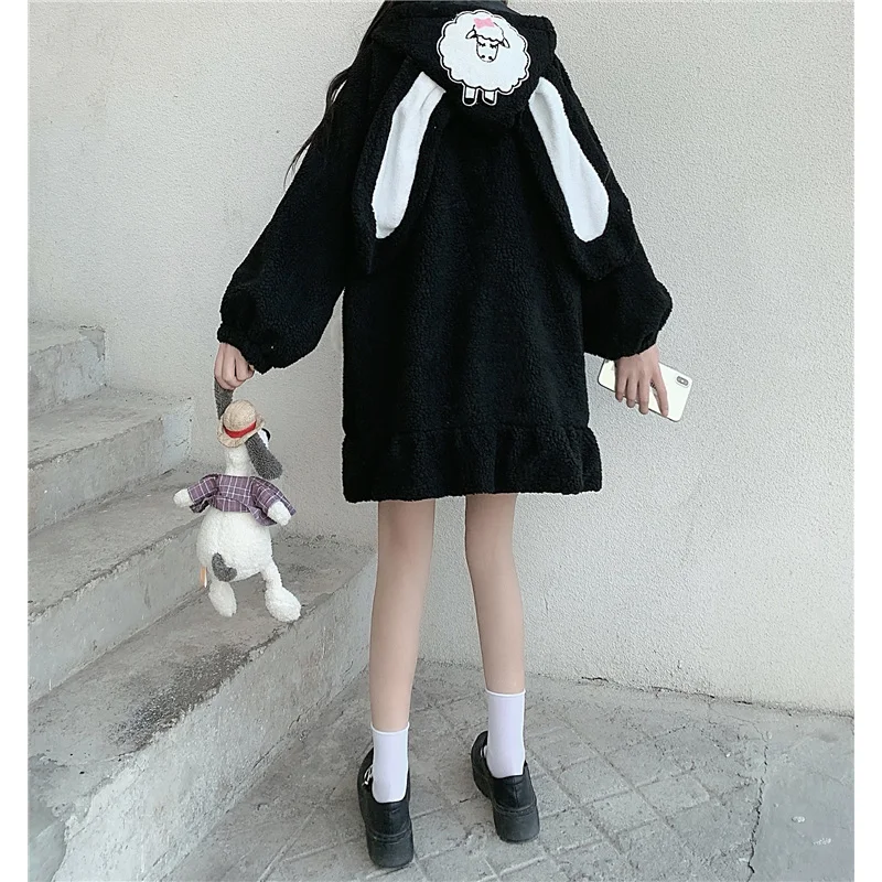 Japanese Soft Girl Cute Bunny Ears Hooded Thick Lambswool Midi Long Women Coat Zipper Kawaii Lolita Long Sleeve Winter Outerweat