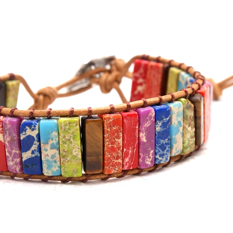 Чакра 7 цветной плетеный браслет из натурального камня Регулируемая кожа в