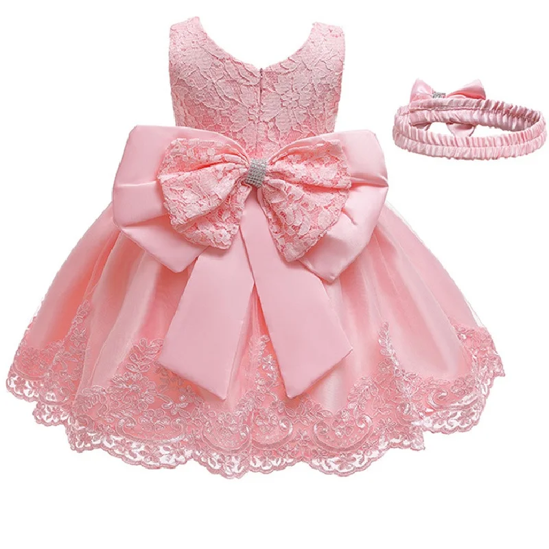 2021 летнее платье для маленьких девочек кружевное розовое с большим бантом