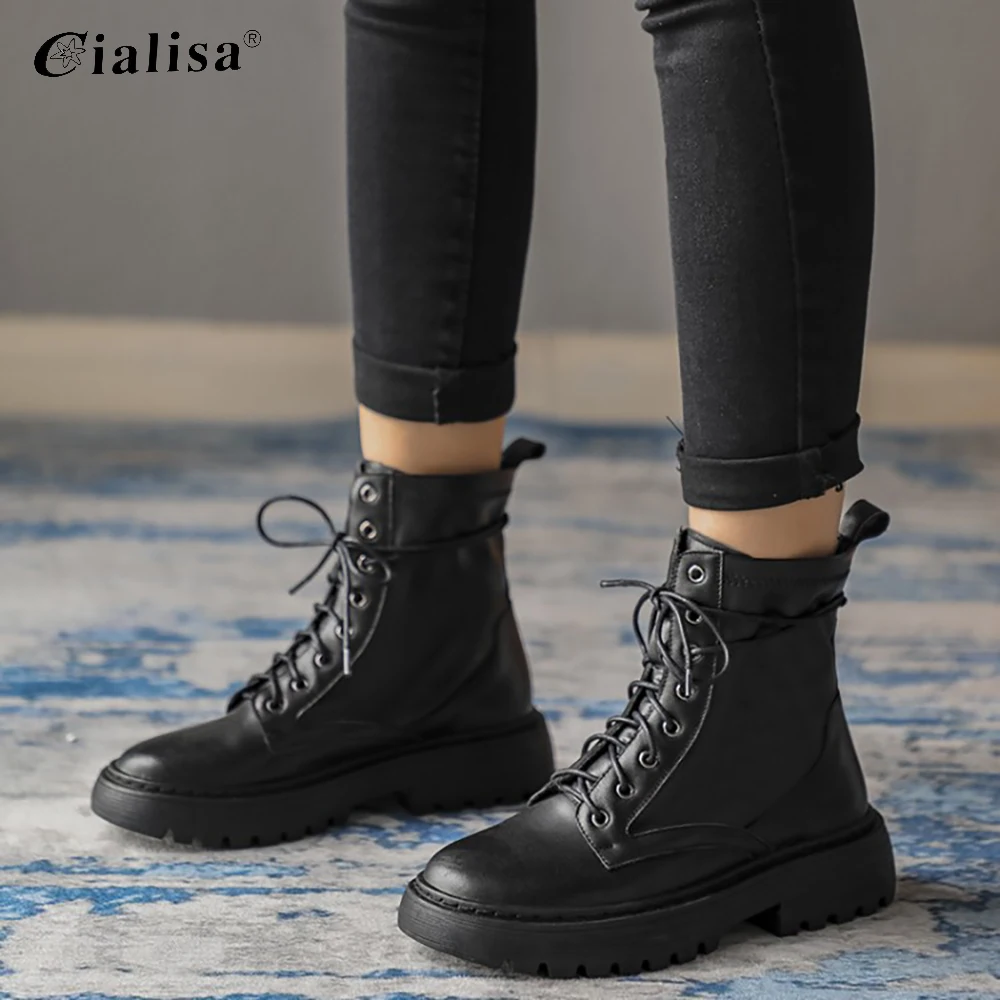 

CIALISA Women Shoes 2020 New Fashion Handmade High Heel Ankle Boot Chunky Heel Genuine Leather Round Toe Lace Up Boots