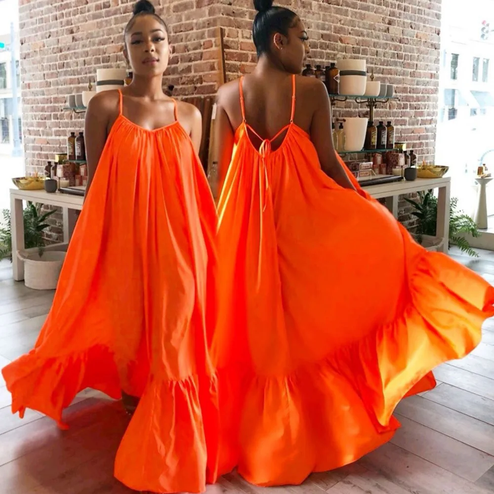 

Europe And America Sexy Halter Sleeveless Pure Color Long Dress Big Swing Simple Fashion Loose Summer Hot Beautiful Style 512230