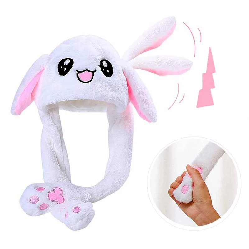 

New Bunny Hat Moving Ears Hats Plush Animal Rabbit Panda Beanie Cute Caps Earflaps Moves with Pinching Ear Women Girl Gifts Toys