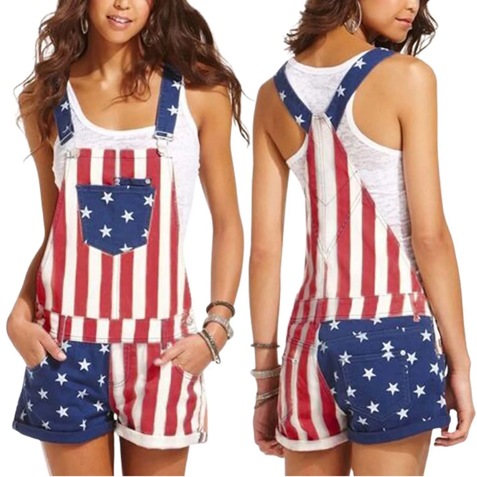 

Summer Couple Jeans Splicing Jumpsuit American Independence Day Flag Sports Camisole Pants Overalls For Women 2021 Mens Clothing