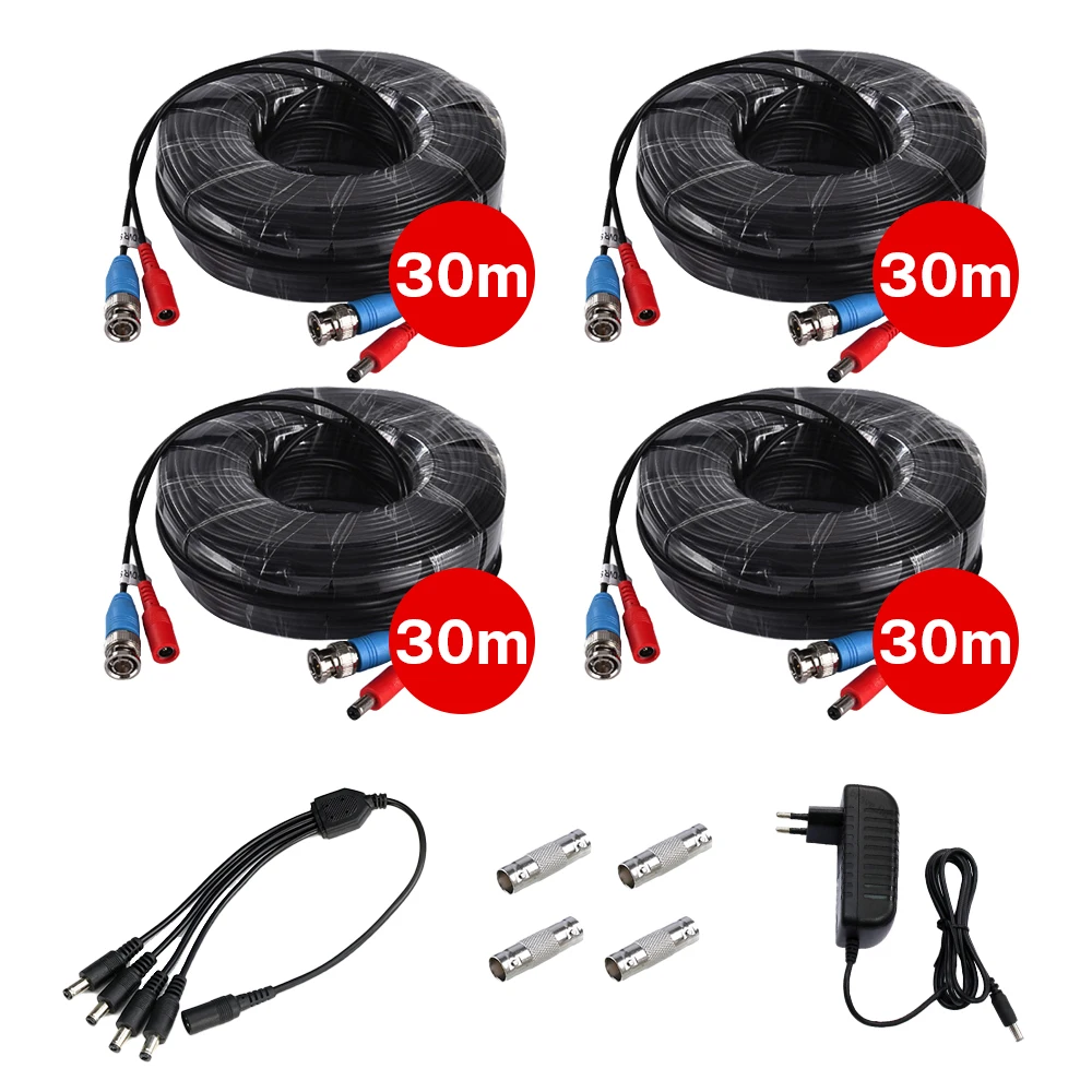 

4PCS 30m/100ft BNC&DC Plug Video Power Cable with 1pcs 4-in-1 power splitter cable for AHD Video Surveillance System Accessories