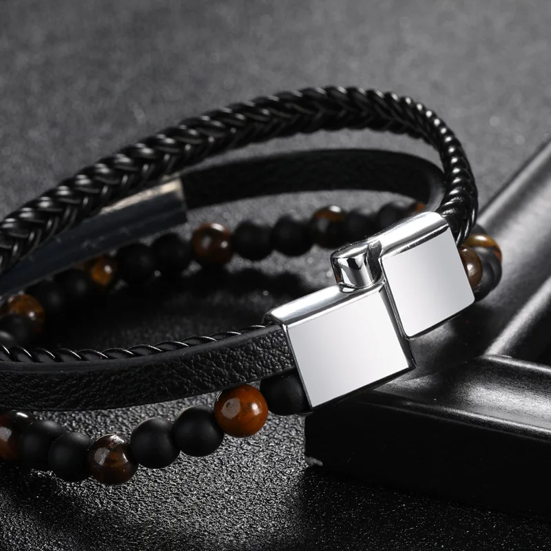 Мужской браслет из вулканического камня 6 мм многослойный кожаный с магнитной