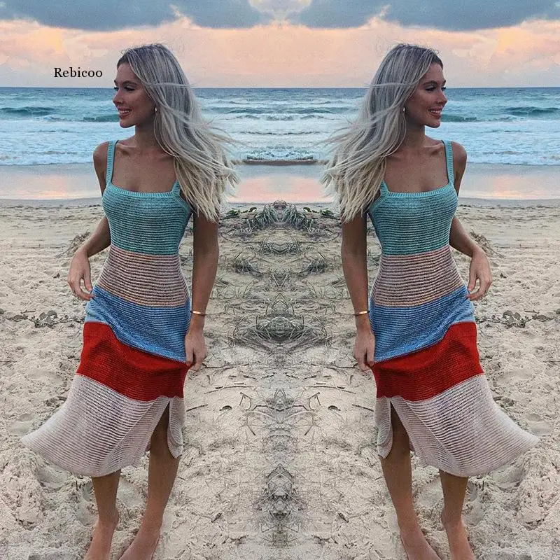 

New Low Cut Women Dress Beach Cover-Ups Crochet Knitted Tunic Bikini Cover Up Swim Striped Beachwear Split Long