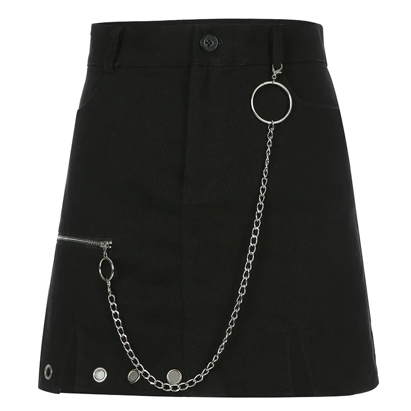 

Zipper Up Skirts Women Metal Chain Modis Gothic Mini A-line Skirt Black Spring 2020 Streetwear Female Party Outfits