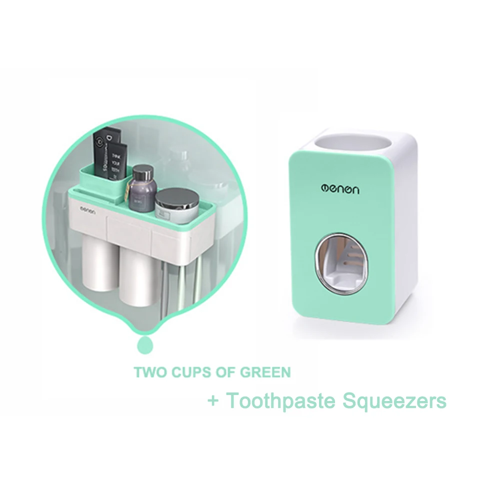 Two cup Set green MSJO держатель для зубных щеток Автоматический Диспенсер для зубной пасты Магнитная Адсорбция перевернутый Телефон для хранения декора аксессуары для ванной комнаты Набор - Цвет: Two cup Set green