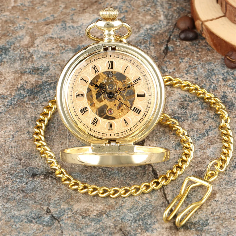 Black/Silver/Gold Hollow Wheel Pattern Mechanical Hand Winding Pocket Watch Vintage Pendant Clock Gifts Pocket Chain Timepiece