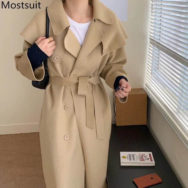 

Winter Double-breasted Belted Woolen Coats Women Cloak Style Turn-down Collar Pockets Female Overcoats Vintage Blend Coat Femme