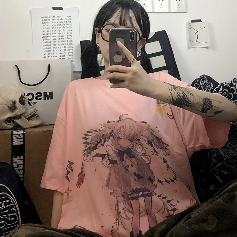

Woman Tshirts Japan Anime Harajuku Sweet Girl Kawaii Tops Print Graphic Tees Women Oversize Short Sleeve Women Clothes 2021 New