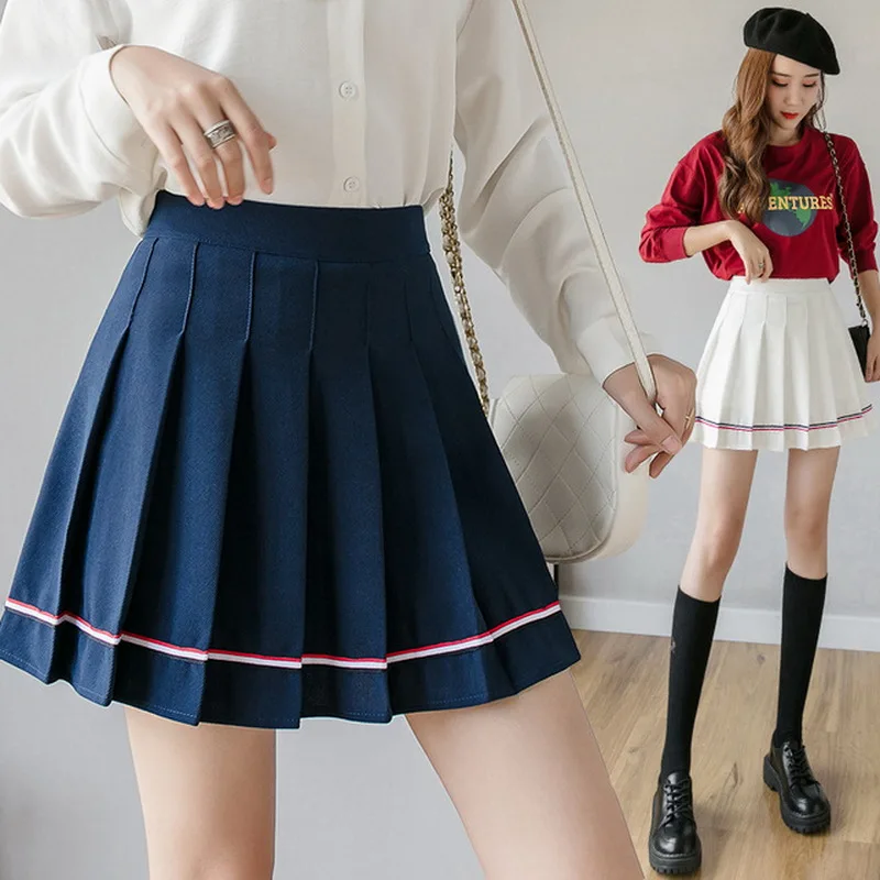 

Fashion Japan Style Summer Women Skirts 2021 Cute Striped Empire Wiast Pleated Skirt Sweet Grils Mini Skirts Women