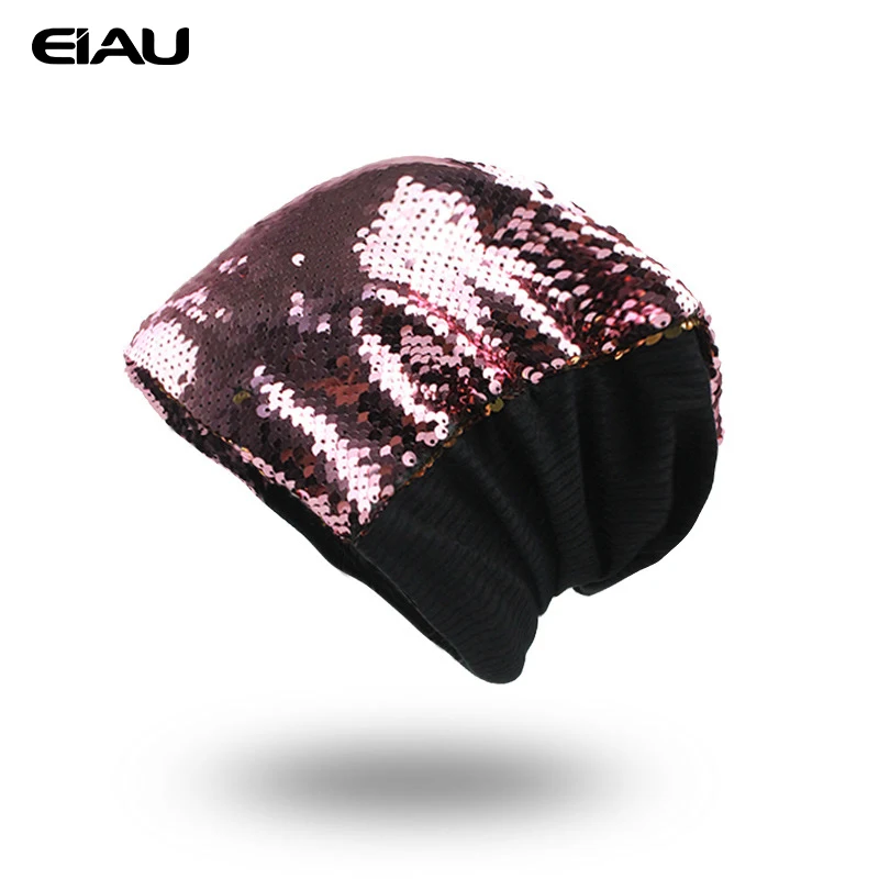 Женские вязаные шапочки с блестками модные женские блестящие теплые шапки